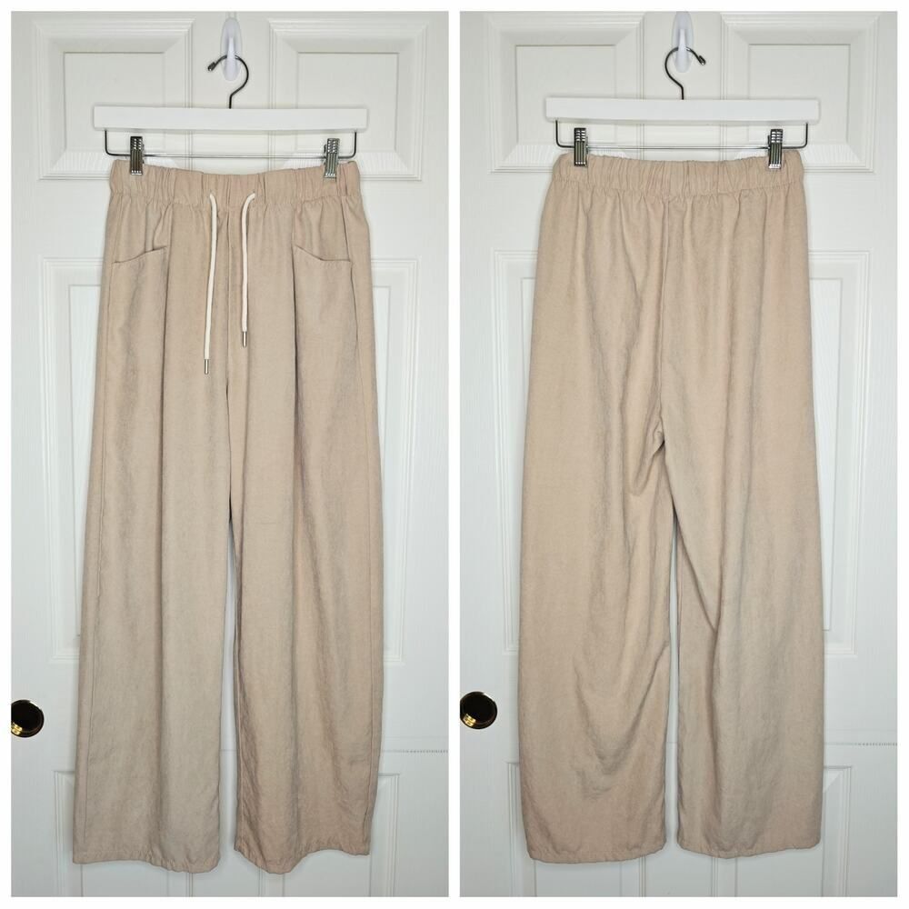 Beige wide leg pants with elastic waist